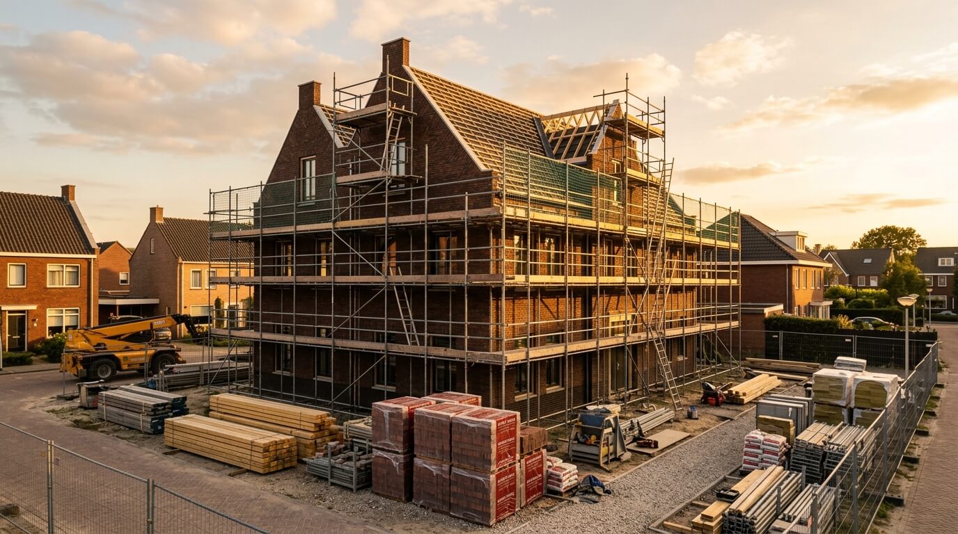 Bouwgroep Voorbeeld team aan het werk op een nieuwbouw villa bij gouden uur