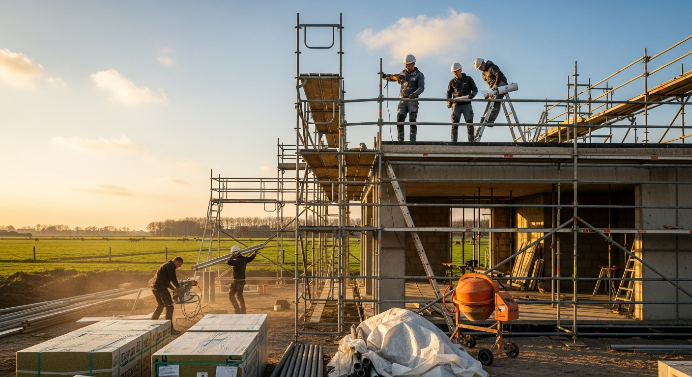 Bouwgroep Voorbeeld team aan het werk op een nieuwbouw villa bij gouden uur